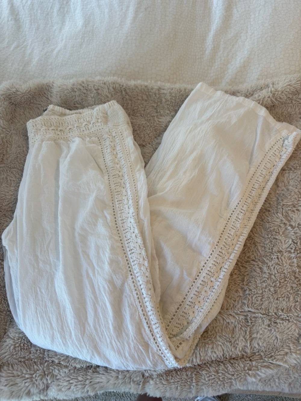 White Linen Wide Leg Pants | Boho Luxe Lace Trim | High Waist Resort 💕 - Picture 4 of 7